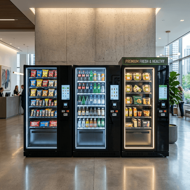 Sleek modern glass-front vending machines in a Denver corporate office